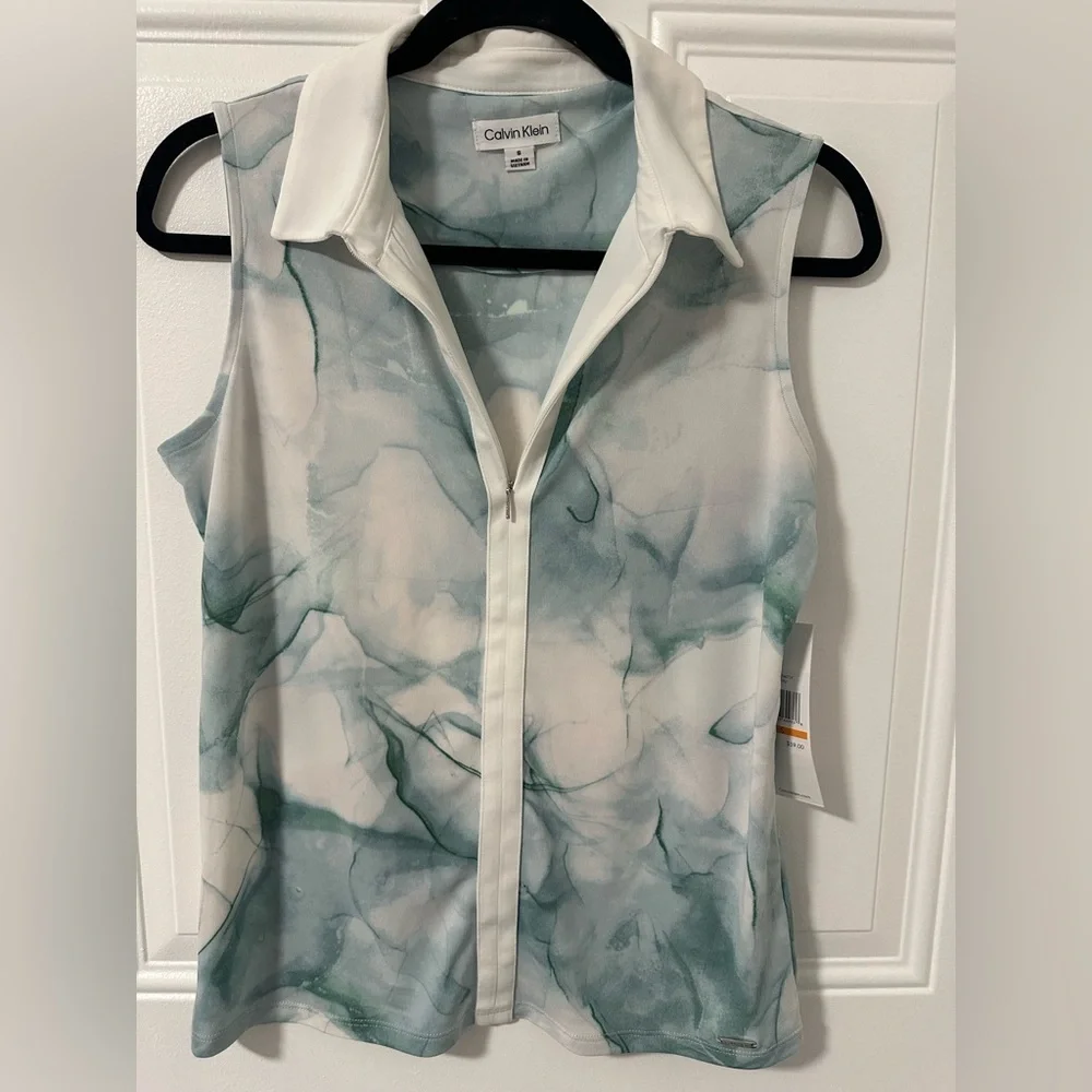 Calvin Klein Watercolor Marble Sleeveless Zip Polo Top Small NWT